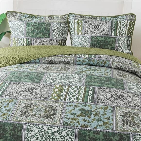 Cotton Bedspread Quilt Sets-Reversible Patchwork Coverlet Set, Classic Bohemian - Picture 3 of 7